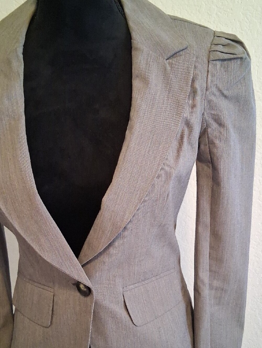 BCX Gray Single-Button Tailored Blazer And Ruffed Skirt. - Picture 2 of 13